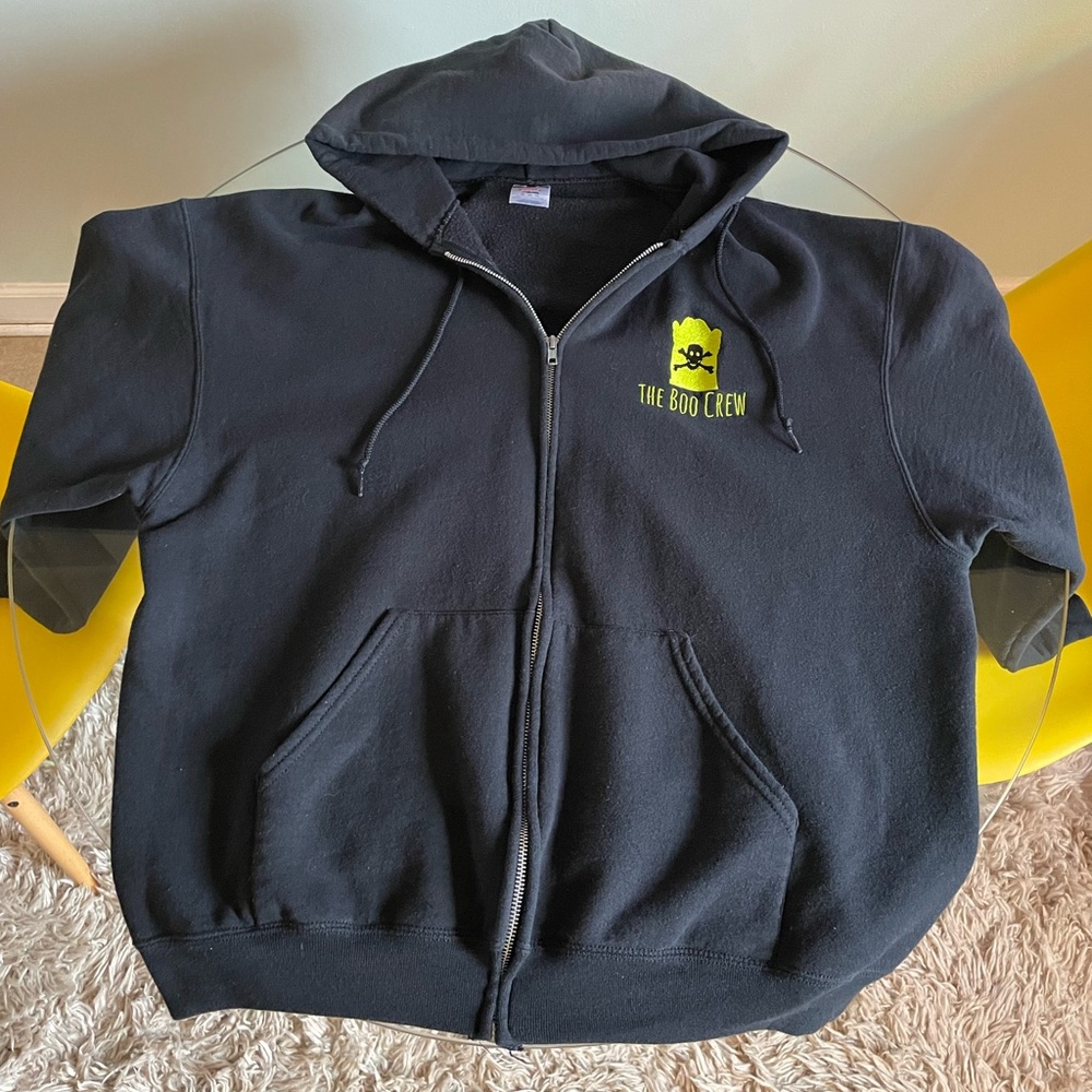 Black Custom Jerzees zip up hoodie. XL. Unisex.BOO CREW! Skeleton and grave